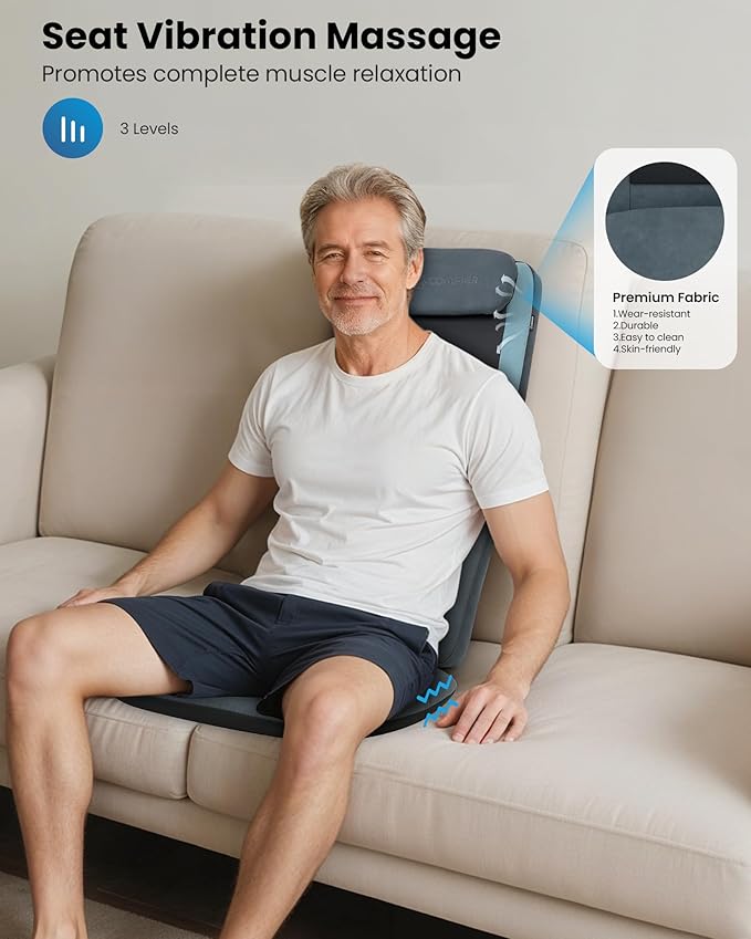 COMFIER Shiatsu Back Massager Chair Pad with Heat, Deep Tissue Massage Seat Pad for Neck and Back, Foldable Full Back Massager Chair Cushion with Adjustable Height & Vibration Seat