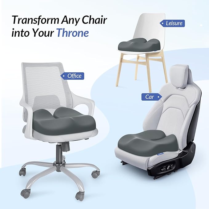 ZIKEE Ergonomic Seat Cushion with Thigh Relief Slope, Office Chair Cushion with Premium Memory Foam for Car, Home, U-Shaped Design Alleviates Hip, Tailbone Pain, Anti-Slip Sciatica Pain Relief (Gray)