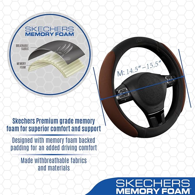 Skechers Steering Wheel Cover, Memory Foam Car Steering Wheel Cover,14.5-15inch Anti-Slip Safety Comfortable Desgin, Universal Accessory for Diverse Cars, Truck,SUV (Black &Brown)