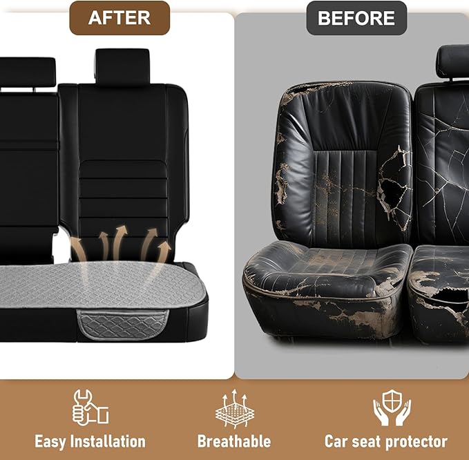 3 PCS Linen Car Seat Covers with Storage Pocket, Back Seat Covers Protectors with Non-Slip, Breathable Bench Seat Covers Universal Fit for SUVs, Cars, Trucks (Light Grey)