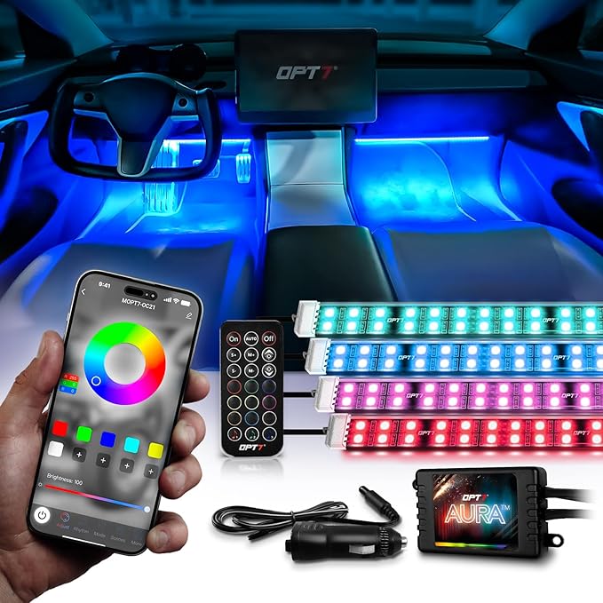 OPT7 Aura Pro 4PC Double LED Interior Car Strip Lights with APP & Remote Control, Multicolor Mode, Sound Active Neon Accent Lighting Kit, Footwell Floor Inside Decor Accessories, 12V Charger Adapter