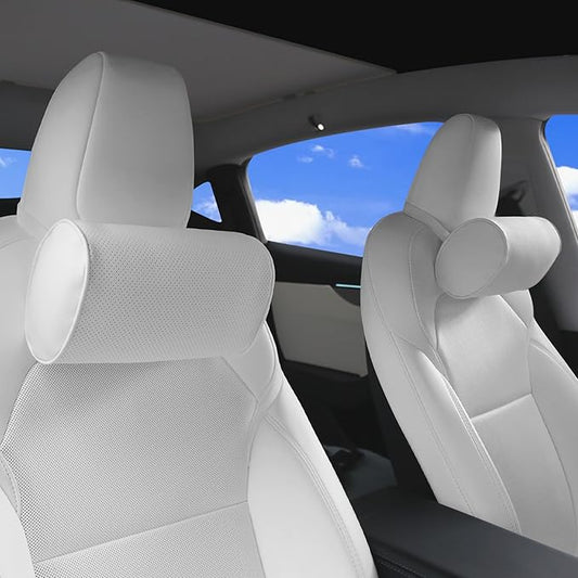 Car Headrest Pillow for Driving - Luxury Leather 100% Memory Foam, Ergonomic Neck Support - Universal Fit Head Rest Travel Pillow for Most Cars, Home & Office, White, 2 Pack
