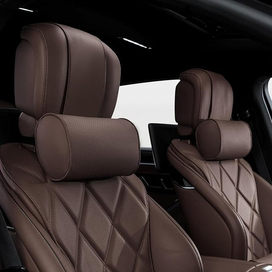 Car Headrest Pillow for Driving - Luxury Leather 100% Memory Foam, Ergonomic Neck Support - Universal Fit Head Rest Travel Pillow for Most Cars, Home & Office, Brown, 2 Pack