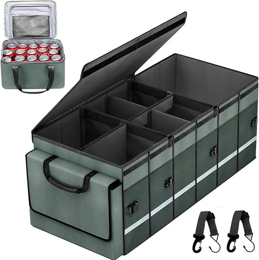 Car Trunk Organizer and Storage with Removable Leakproof Cooler Bag, 6 Removable Dividers for Custom Space, Collapsible Trunk Storage with Non Slip Bottom, Foldable Cover for SUV, Jeep, MPVs