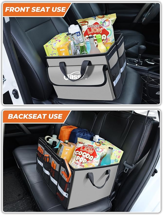 Oasser Car Trunk Organizer Collapsible Multi Compartments SUV Trunk Organizer with Reflective Strip Foldable Cover (Standard, Grey)