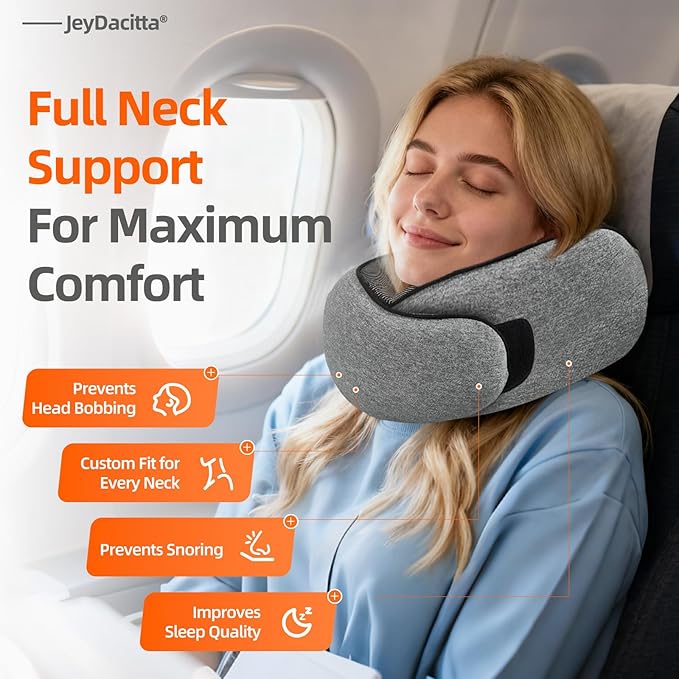 Premium Travel Pillow, Upgraded Memory Foam Neck Pillow, 360° Ergonomic Design Airplane Pillow Travel Pillows for Airplanes, Cars, Offices, Home Use, Large (Dark Gray)