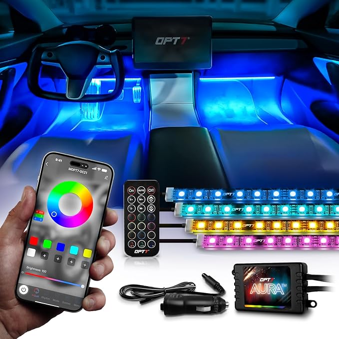 OPT7 Aura Pro Interior Car Lights with App & Remote Control, Multicolor Change, Music Sync Inside Ambient Lighting Kit, Car SUV Van Under Dash Decor, 12V Charger Adapter, 4PC Single Row LED Strip