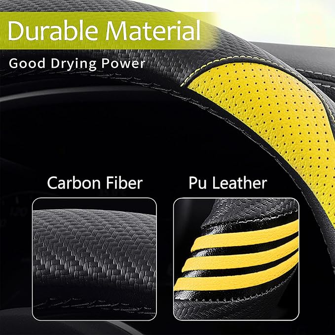 Iwantit® Steering Wheel Covers with Leather and Anti-Slip Rubber Ring, Universal Fit 14.5-15 inches for Cars,SUV (Yellow/Black)