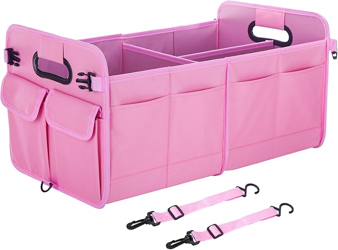 Trunk Organizer For Suv & Sedan,Car Organizers and Storage, Waterproof Collapsible & Adjustable Straps,75L Sturdy Car Organization for Car Accessories, Tools,Sundries,2-3 Compartment（Pink）