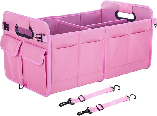 Trunk Organizer For Suv & Sedan,Car Organizers and Storage, Waterproof Collapsible & Adjustable Straps,75L Sturdy Car Organization for Car Accessories, Tools,Sundries,2-3 Compartment（Pink）