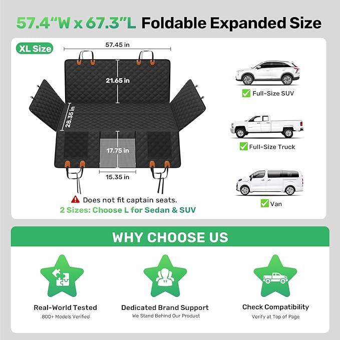 Zanch Heavy-Duty Dog Truck Seat Cover, Flat Solid Back Seat Extender for Multi Large Dogs, Hard-Base Supports 450 lb, Waterproof Hammock Protector, XL for Full-Size Crew Cab Trucks & SUVs, Black