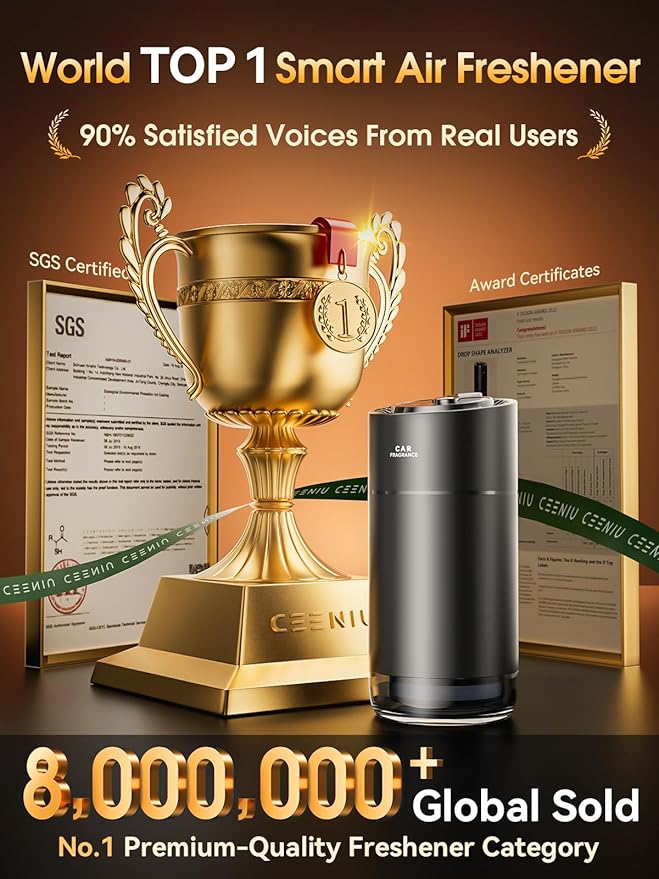 Ceeniu Smart Car Air Fresheners, New Smell Experience by Ultrasonic Mist, Auto On/Off, Powerful Built-in Battery, Natural Fragrance, Adjustable Car freshener, Cologne Scent