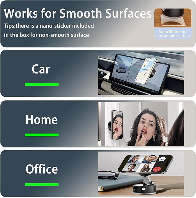 Vacuum Suction Magnetic Car Phone Holder Mount Fit All Phones,Adjustable Phone Holders for Your Car Home Office Smooth Surfaces,Metal Ring Stick Outside if Case Non-Magnetic (Upgraded)
