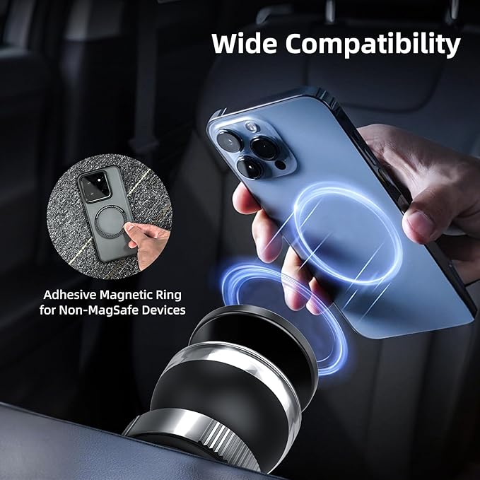 Car Phone Holder with Magnetic Ring Vacuum Magnetic 360° Adjustable Portable Magsafe Spherical Phone Mount for Car Home Gym Office Compatible All Smartphones (Silvery)