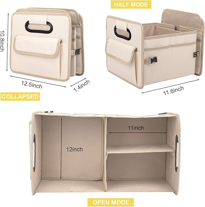 JiatuA Car Trunk Organizer, Car Organizers and Storage Collapsible Multi Compartment Container Box, Adjustable Car Accessories for SUV Sedan Truck, Standard Size, Beige