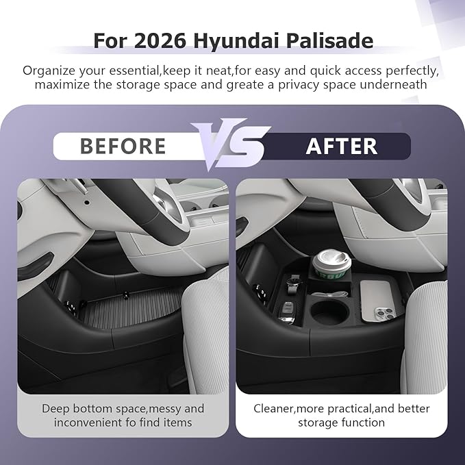 LUWU Low Center Console Organizer Compatible with 2026 Hyundai Palisade Accessories Palisade LX3 2026 Accessories Armrest Console Organizer Armrest Lower Storage Tray (Only for 7-Seat)