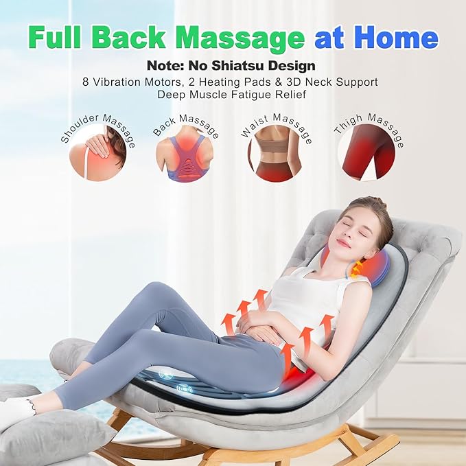 Back Massager with Heat for Chair, Massage Chair Pad with Neck Support, Short Plush Cover & Vibration, Seat Cushion For Seniors, Office Workers & Family, Fatigue & Pain Relief in Office, Home & Travel