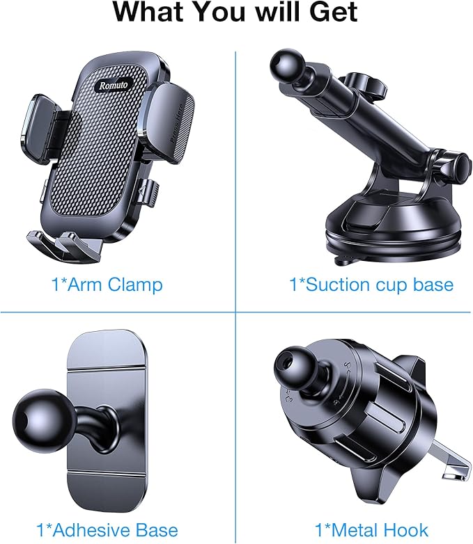 Romuto Car Phone Holder Mount【Super Suction】 Cell Phone Mount Phone Holders for Your Car Accessories for Women Men Dashboard/Windshield/Vent/Wall Shower Mounts Truck Stand for iPhone Samsung