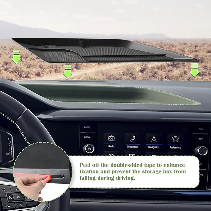Dash Storage Tray Compatible with Volkswagen Taos 2022 2023 2024 Interior Accessories, Center Console Dashboard Mounted Organizer Sunglass Holder Non Slip Pad Behind Screen Black (Not for 2025)
