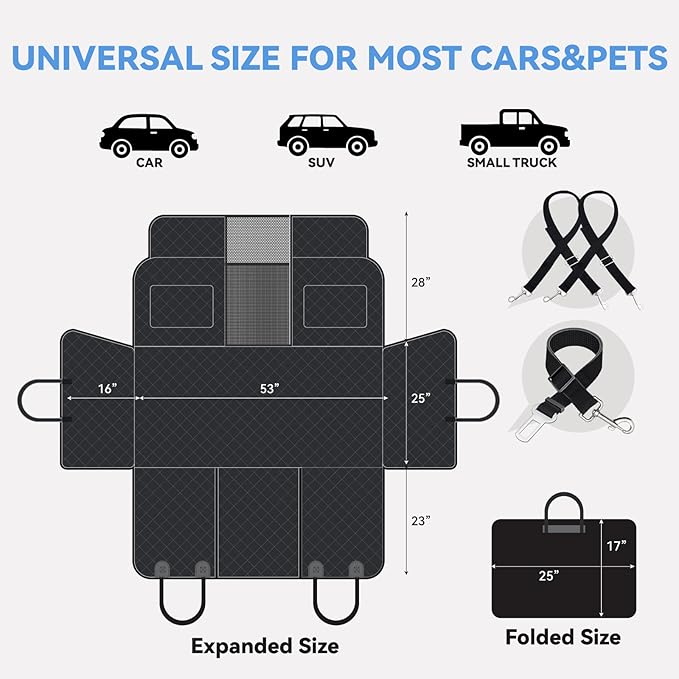 High Barrier Dog Car Seat Cover,Waterproof Back Seat Extender for Dogs,Car Seat Protector,Hard Bottom Holds 500 lbs,600D Nonslip Dog Hammock,Pet Bed for Cars,SUVs, Small Trucks