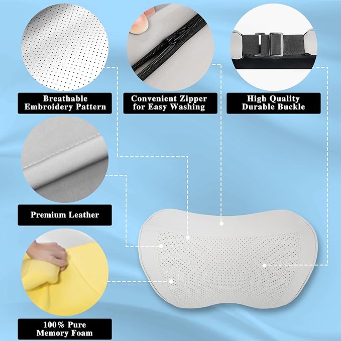 Car Headrest Pillow 100% Memory Foam, Breathable Removable Leather Cover, Premium Seat Support Head Neck Cushion for Driving Travel Home Office, White, 2 Pack