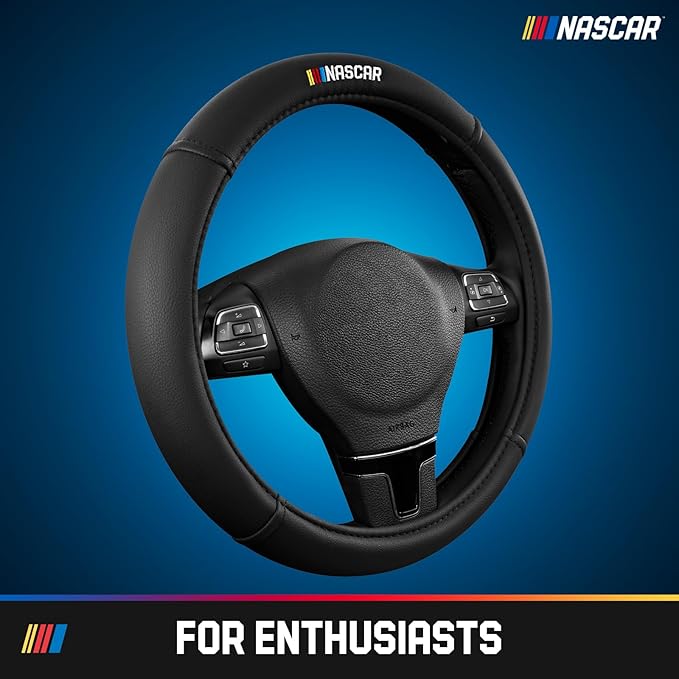 NASCAR Steering Wheel Cover, Two-Tone Black Leather Patchwork, Universal Fit 14.5"-15.5" Steering Covers for Cars, Anti-Slip, Soft Grip, Odor-Free, Trucks & SUVs, Racing Style Interior Upgrade