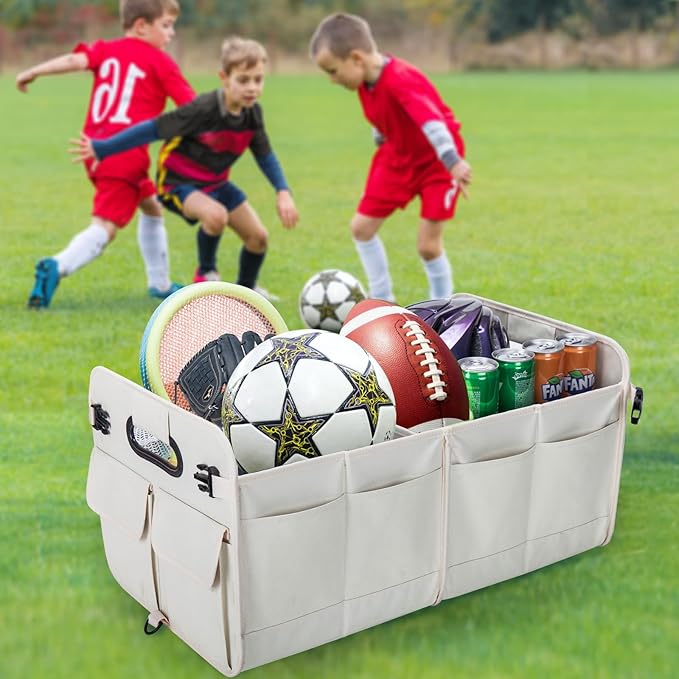 Trunk Organizer For Suv & Sedan,Car Organizers and Storage, Waterproof Collapsible & Adjustable Straps,75L Sturdy Car Organization for Car Accessories, Tools,Sundries,2-3 Compartment（Beige）