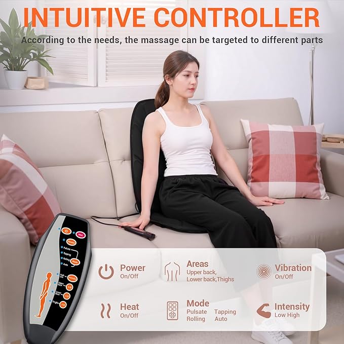 Massage Seat Cushion with Full Back Thighs Heat Back Massager for Chair with 3 Heating Pads 6 Vibrating Motors, Massage Chair Pad for Home Office, Heated Seat Cover Warmer for Pain Relief