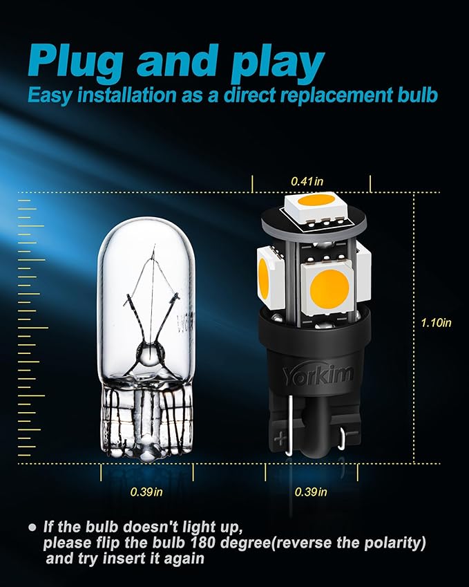 Yorkim 194 LED Bulbs Warm White Super Bright New 5th Generation, T10 168 LED Bulb for Car Interior Door Courtesy Dome Map License Plate Lights W5W 2825,Pack of 10