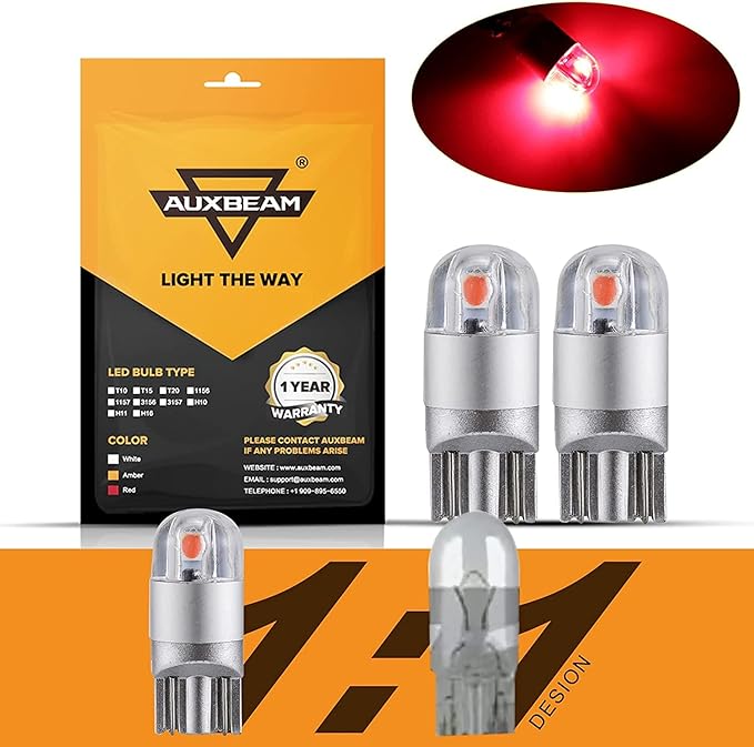 Auxbeam T10 194 LED Bulbs Red, Super Bright Non-Polarity W5W 168 2825 Car Interior Lights, Replacement Bulb for Dashboard Lights, License Plate lights, Dome Map Light,Brake Light 2 PCS