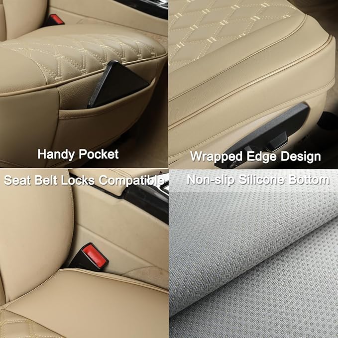 Black Panther PU Car Seat Cover, Front Bottom Seat Protector Compatible with 95% Vehicles,Anti-Slip & Full Wrapping Bottom (W 21.26''×D 20.86”)(1Piece,Dark Beige)