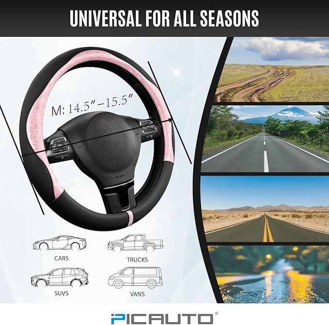PIC AUTO Steering Wheel Cover, Pink Patterned & Black Leather Patchwork Design, Universal Fit 14.5"–15.5", Anti-Slip, Odor-Free, Soft PU Grain Leather, Durable Grip Car Accessory for Girls & Women