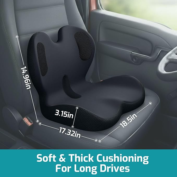 Trucker Seat Cushion, Car Seat Cushions with Lumbar Support Pillow, Ergonomic L-Shaped One Piece Memory Foam Pad for Long Driving Back Pain Sciatica Relief, Drivers Office Workers (Black+Ice Silk)