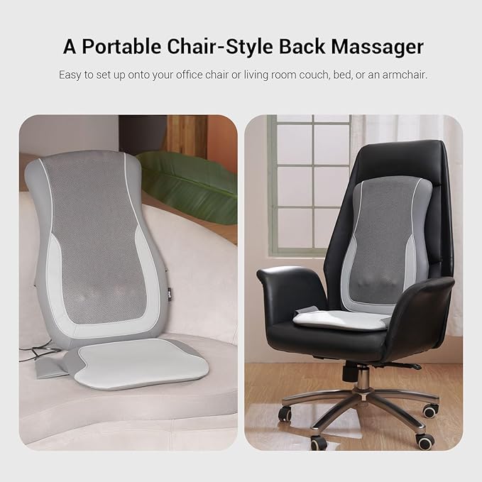 Mynt Gray Back Massager for Chair with Heat for Deep Tissue, Mesh Shiatsu Massage Chair Pad with 4 Deep Kneading Nodes, Heated Back Massage with a Seat Cushion