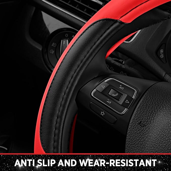 Road Comforts Leather Steering Wheel Cover - Made with PVC Leather - Anti-Slip, Universal Fit 14 1/2 inches to 15 inches - Red