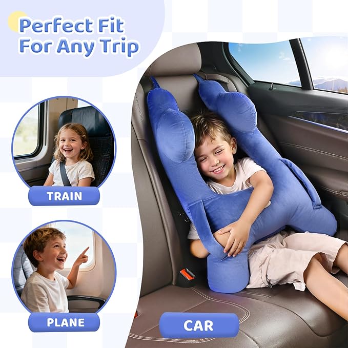 FLORICH Kids Travel Pillow, Car Sleeping Travel Pillow for Kids, Washable H-Shaped Pillow for Adults and Children to Support Head and Body for Road Trips Pillow for Car (Blue)