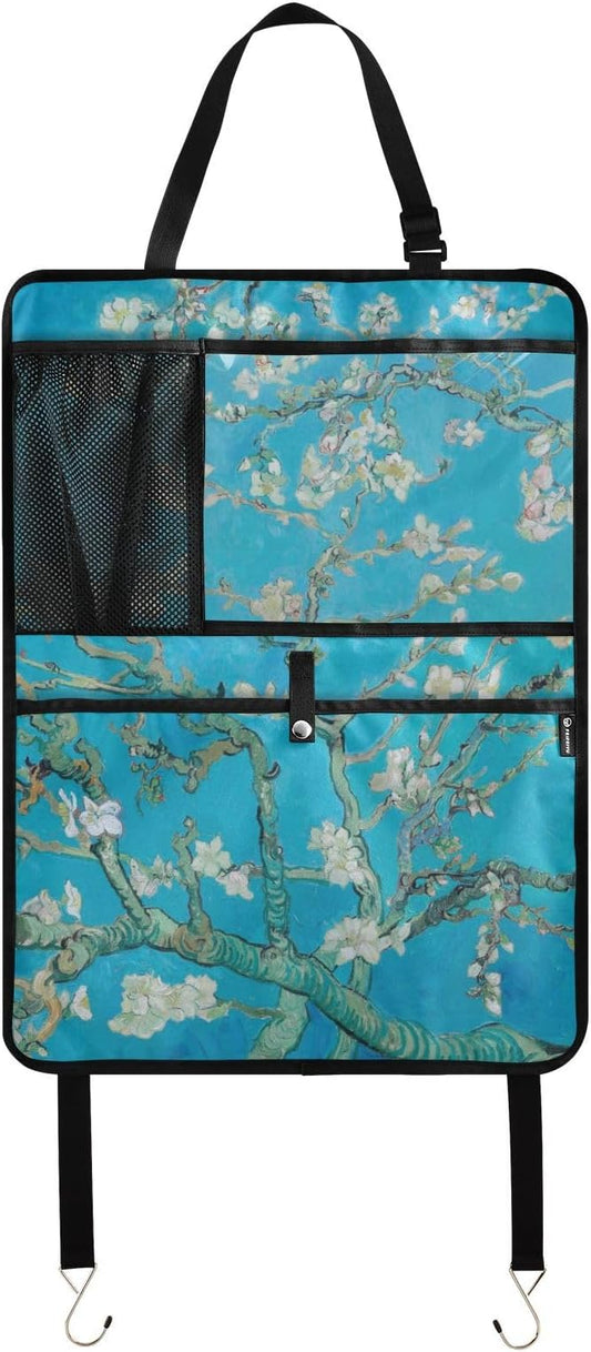 Automotive Seat Back Organizers Car Seat Organizer Waterproof Car Back Storage Kick Mat, Backseat Car Organizer with Pockets,Car Seat Protector Fit All 1Pcs Almond Blossom