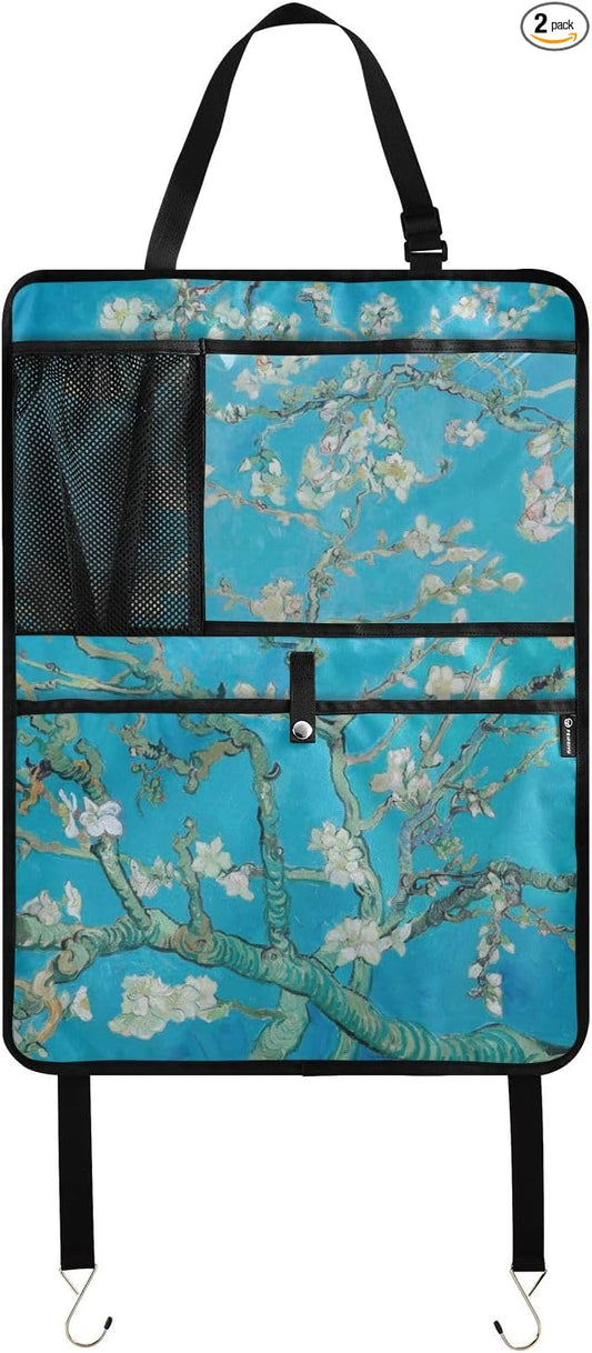 Automotive Seat Back Organizers Car Seat Organizer Waterproof Car Back Storage Kick Mat, Backseat Car Organizer with Pockets,Car Seat Protector Fit All 2Pcs Almond Blossom