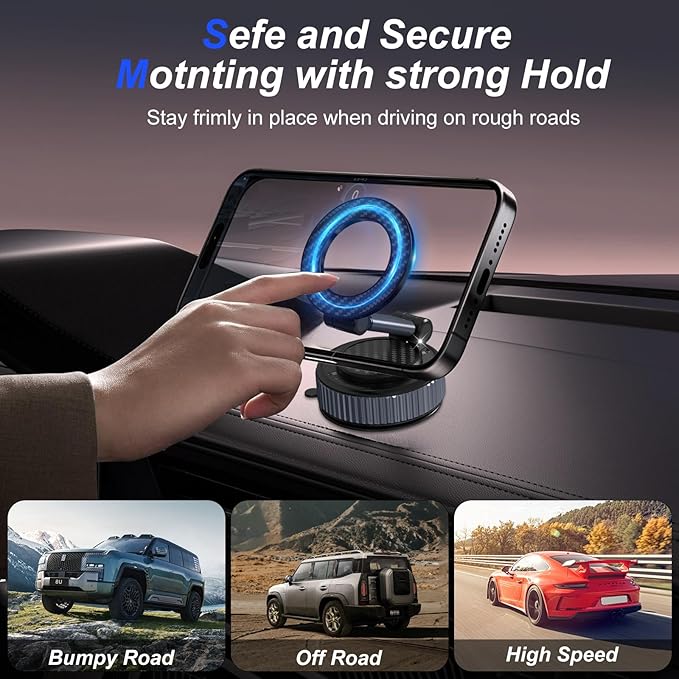 surundo Magnetic Phone Holder for Car - Upgraded 360° Vacuum Magnetic Phone Holder, Foldable Retractable Suction Cup Car Mount for Magsafe for Your Car/Gym/Mirror Mount for iPhone & Android