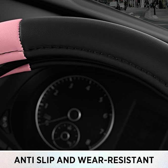 Road Comfort Leather Steering Wheel Cover – Premium Anti-Slip Car Steering Wheel Grip Cover – Universal Fit for 14.5”–15.5” Cars, Trucks & SUVs - Pink