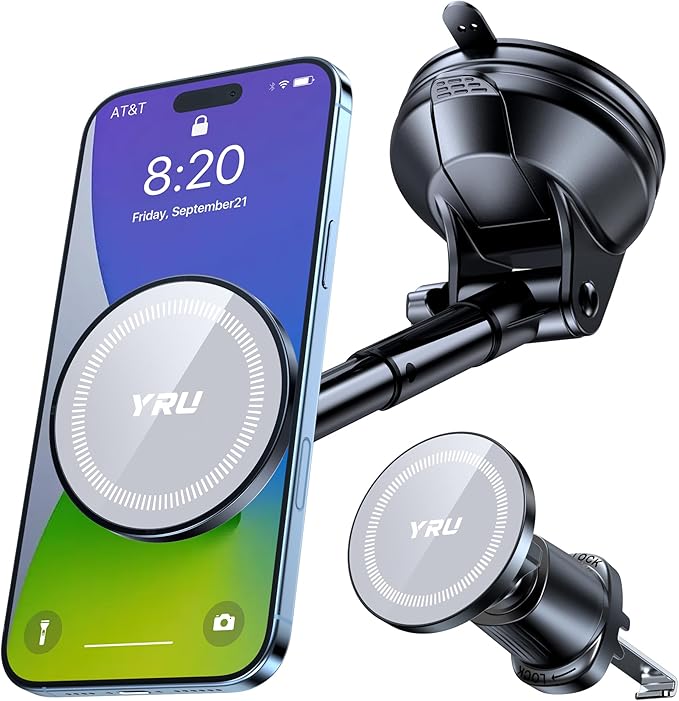 YRU Upgraded Magnetic Phone Holder for Car【Patented & Super Magnet】 for MagSafe Car Mount Dashboard Magnet Phone Holder Windshield Phone Stand for iPhone 17 16 15 14 13 12 Pro Max Samsung, Grey
