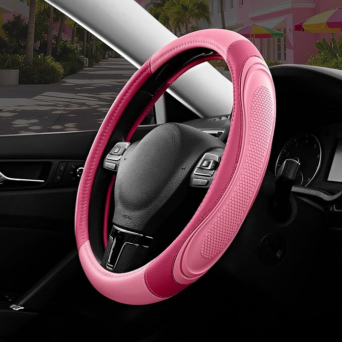Road Comforts Car Steering Wheel Cover - Microfiber Leather Steering Wheel Wrap Sports 14.5-15 Inch Steering Wheel Cover Non-Slip for Men Women Pink & HotPink Color