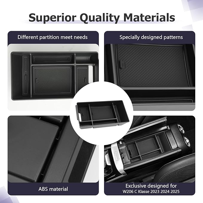 LUWU Center Console Organizer Compatible with 2022-2026 Benz C-Class C300/C300 4Matic/AMG C43/AMG C63 SE Performance W206 Accessories Armrest Console Storage Box Insert Tray ABS Material Black