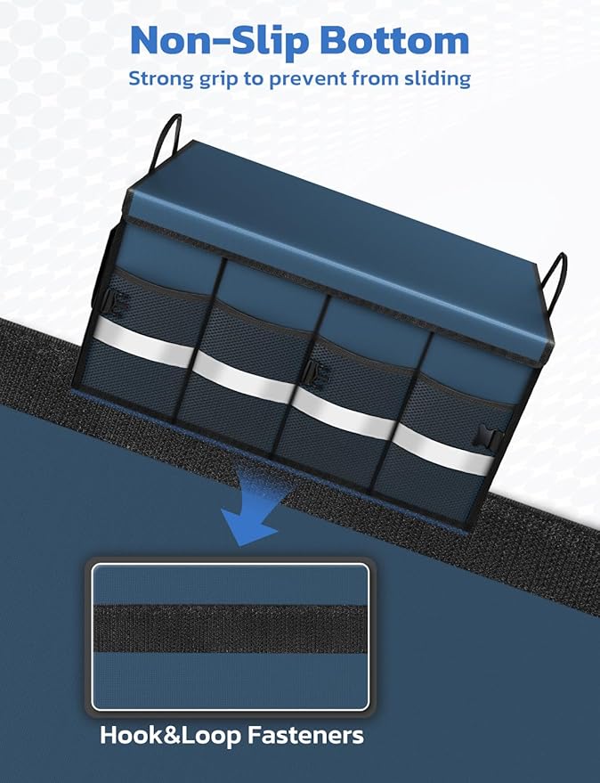 Oasser Car Trunk Organizer Collapsible Multi Compartments Trunk Organizer for SUV with Foldable Cover Reflective Strip (Standard, Blue)