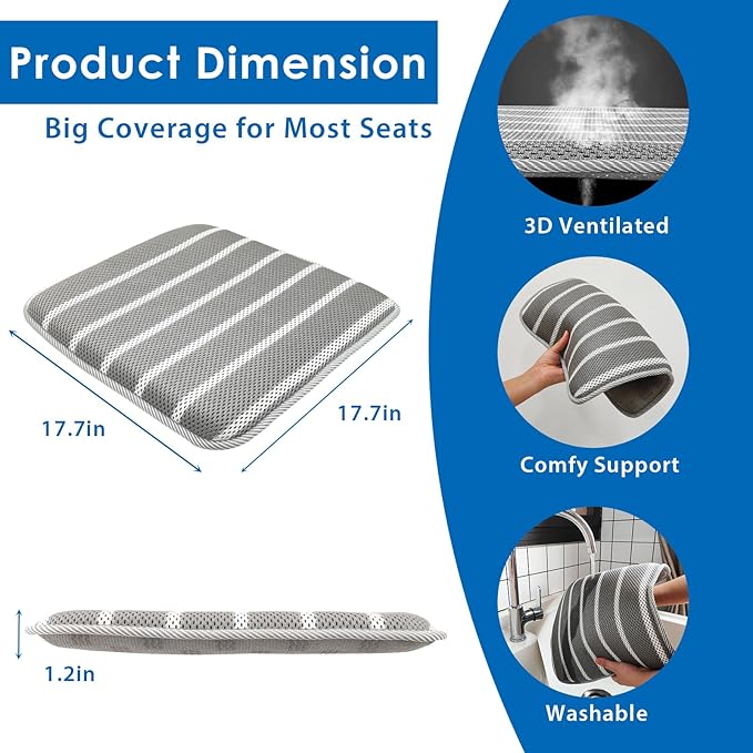 AEROiVi Office Chair Cushion,17.7" L × 17.7" W × 1.2" H, Non-Slip Car Seat Cushion with 3D Air mesh Pad Wash Breathable for Long Sitting for Relief and Comfort Square