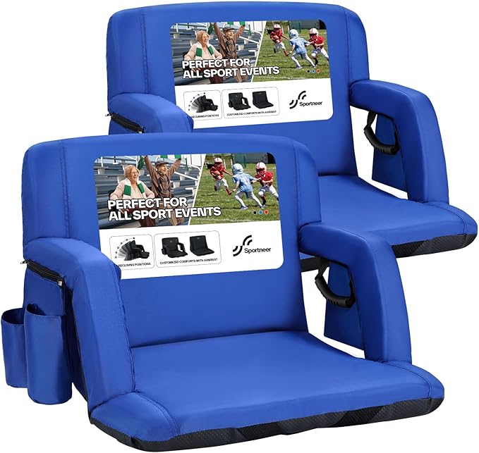 Sportneer Stadium Seats with Back Support: 2.5'' Thick Comfy Cushion 6 Adjustable Angle Bleacher Seat with Armrest - 2 Large Pockets, 2 Cup Holders Stadium Chair for Sport Events Concerts Parks