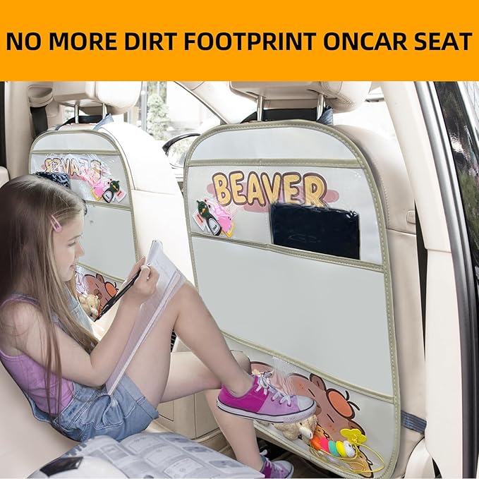 2-Pack kids Leather Car Backseat Organizer with Foldable Table Tray, Car Storage Organizer with Tablet Holder, Car Seat Back Protectors Kick Mats, Travel Accessories (Capybara)