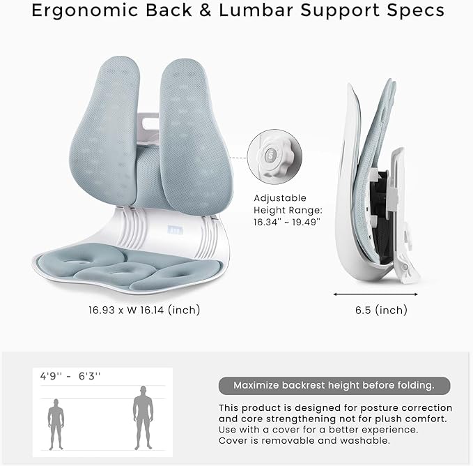 ZZWS Foldable Ergonomic Back Support with Adjustable Inflatable Lumbar Cushion, Posture Corrector for Desk Chairs, Comfortable Lumbar & Seat Cushion for Lower Back Pain Relief