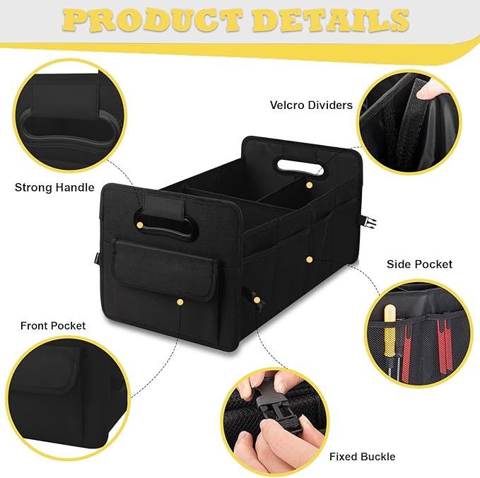 JiatuA Car Trunk Organizer, Car Organizers and Storage Collapsible Multi Compartment Container Box, Adjustable Car Accessories for SUV Sedan Truck, Large Size, Black