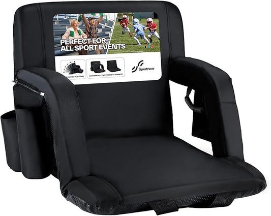 Sportneer Stadium Seats with Back Support: 2.5'' Thick Comfy Cushion 6 Adjustable Angle Bleacher Seat with Armrest - 2 Large Pockets, 2 Cup Holders Stadium Chair for Sport Events Concerts Parks